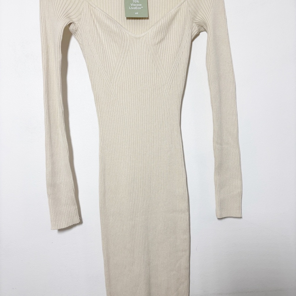 NWT H&M Ribbed Knit Bodycon Dress Long Sleeves Beige Sz S - Picture 4 of 14
